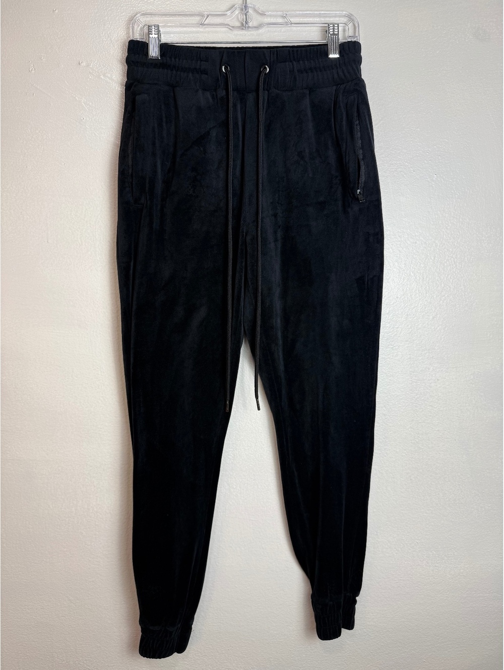 Black Velour Jogger Pants with Drawstring Waist and Elastic Cuffs